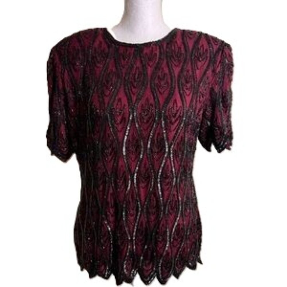 Vintage Stenay Silk Beaded Top Womens Small Sheer Sparkly Party Formal Blouse